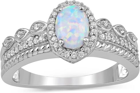 Jewelili الفضة الإسترليني 7x5x1.5 ملم بيضاوية مكونة من الأوبال ودائرية مكونة من حبل الياقوت الأبيض، مقاس 7 in Kuwait