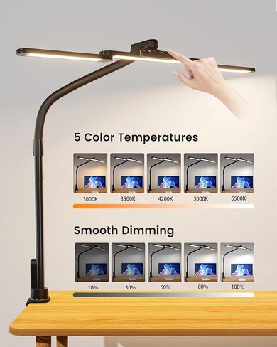 SUPERDANNY Eye-Caring LED Desk Lamp 360° Flexible Gooseneck Work Lamp with Desk Side Clamp Touch Control 3 Light Colors Smooth Dimming Task Lighting Reading Light for Home Office College Dorm, Black in Kuwait