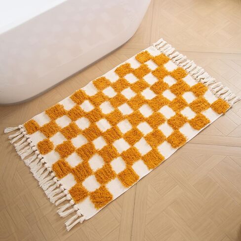 Bathroom Rug Mat 2x3, Bath Mats Absorbent Washable Cotton Soft Boho Checkered Shower Rugs for Bath Room Floor Decor, Sink, Tub (Yellow&White) in Saudi Arabia