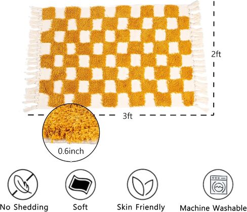 Bathroom Rug Mat 2x3, Bath Mats Absorbent Washable Cotton Soft Boho Checkered Shower Rugs for Bath Room Floor Decor, Sink, Tub (Yellow&White) in Saudi Arabia