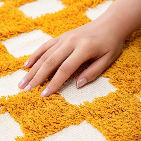Bathroom Rug Mat 2x3, Bath Mats Absorbent Washable Cotton Soft Boho Checkered Shower Rugs for Bath Room Floor Decor, Sink, Tub (Yellow&White) in Saudi Arabia
