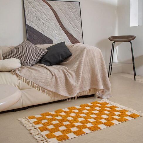 Bathroom Rug Mat 2x3, Bath Mats Absorbent Washable Cotton Soft Boho Checkered Shower Rugs for Bath Room Floor Decor, Sink, Tub (Yellow&White) in Saudi Arabia