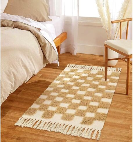 Bathroom Rug Mat 2x3, Bath Mats Absorbent Washable Cotton Soft Boho Checkered Shower Rugs for Bath Room Floor Decor, Sink, Tub (Yellow&White) in Saudi Arabia