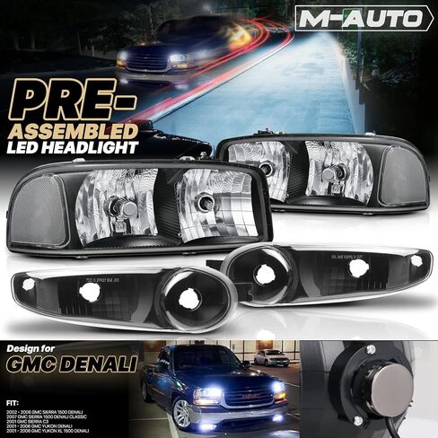 M-AUTO Switchback LED Tube DRL Black Headlights Assembly Compatible with 2001 GMC Sierra C3, 02-06 Sierra 1500 Denali, 07 Sierra 1500 Denali Classic, 01-06 Yukon Denali/Yukon Xl 1500 Denali in Kuwait