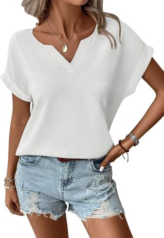 Women's Notched V Neck Batwing Sleeve T Shirts Summer Rolled Sleeve Tops Basic Loose Fit Short Sleeve Tees 2025 in Saudi Arabia
