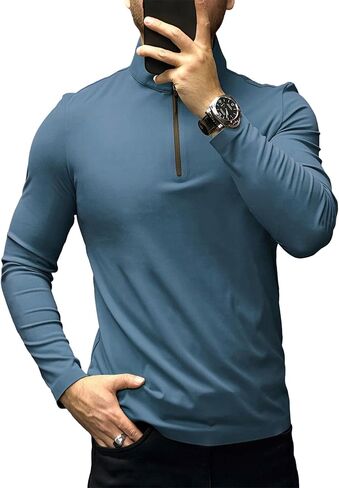 Fioboc Men's Half Zip Mock Neck Tee SmoothBlend Long Sleeve T-Shirt Quick-Drying Solid Smooth Top T-Shirt S-4XL in Kuwait