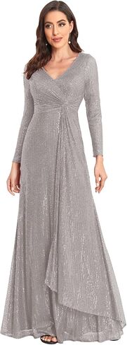 Glitter Sequin Formal Evening Gown Long Sleeve V neck Wedding Guest Dress for Women in Kuwait