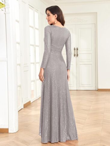 Glitter Sequin Formal Evening Gown Long Sleeve V neck Wedding Guest Dress for Women in Kuwait
