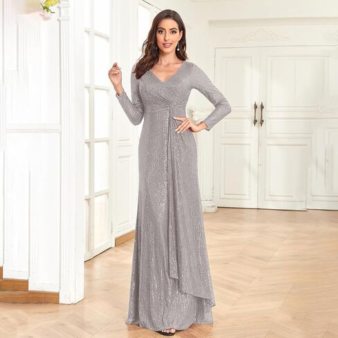 Glitter Sequin Formal Evening Gown Long Sleeve V neck Wedding Guest Dress for Women in Kuwait