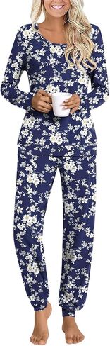 HOTGIFT Women's Fall Pajamas Set with Pockets Soft Pants with Long Sleeve Top Ladies Sleepwear in Kuwait