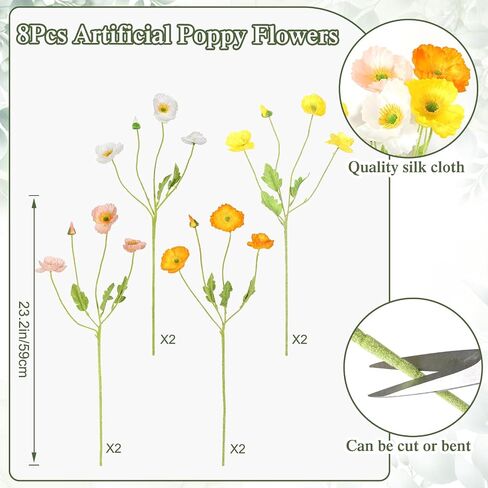 TOCHGREEN Artificial Flowers Silk Poppy Flowers 8pcs Faux Poppies Bouquet with Long Stems for Home Decor Kitchen Wedding Party Table Centerpiece Floral Arrangement Vase Bouquet (Mix Colors, 8PCS) in Saudi Arabia