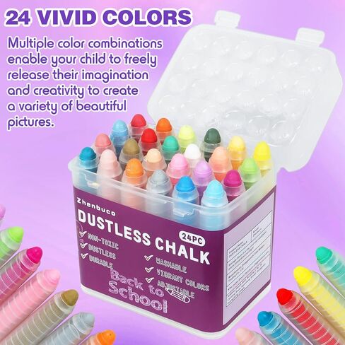 Dustless Chalk for Kids - 12 PCS Colored Non-toxic Twistable Sidewalk Chalk with Holder, Dust-free Washable Toddler Chalk, Art Tool for Children Outdoor Blackboard Drawing Writing (Plastic Box-Packed) in Saudi Arabia