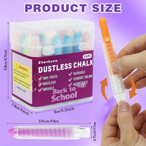 Dustless Chalk for Kids - 12 PCS Colored Non-toxic Twistable Sidewalk Chalk with Holder, Dust-free Washable Toddler Chalk, Art Tool for Children Outdoor Blackboard Drawing Writing (Plastic Box-Packed) in Saudi Arabia