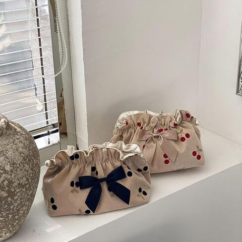 Cosmetic Bag Female Large-Capacity Cosmetic Bag Travel Carrying Bag Corduroy Cherry Bow Storage Bag(style1) in Saudi Arabia