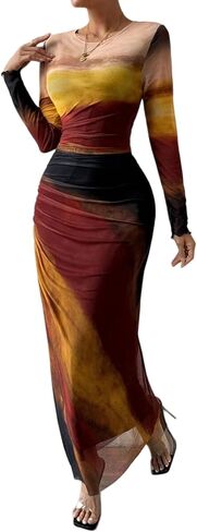 Women's Printed Bodycon Dress Elegant Tie Dye Long Sleeve Maxi Dress Mesh Layered in Saudi Arabia
