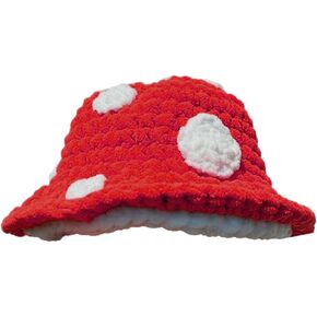Spotted Knitted Mushroom Hat Crochet Bucket White Red Halloween Cosplay Roleplay Accessories Party Hats for Women Girls, Red/White, H005-D94A-00-0001