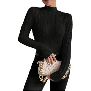 Women's Cable Knit Sweater Mock Neck Long Sleeve Casual Pullover Top