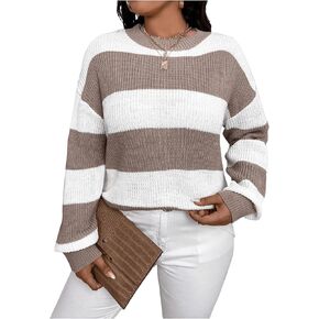 MakeMeChic Women's Plus Size Striped Sweater Long Sleeve Crew Neck Knit Fall Chunky Sweater Pullover Tops