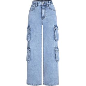 WDIRARA Girl's High Waisted Cargo Denim Pants Casual Wide Leg Jeans with Pockets in Kuwait