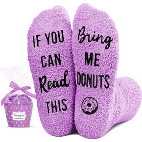 HAPPYPOP Donut Socks Women, Donut Gifts Donut Lover Gifts, Purple Fuzzy Cupcake Socks If You Can Read This, Christmas Stocking Stuffers