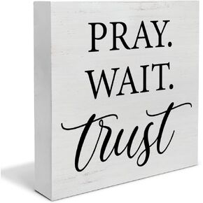 Inspiration Christian Wood Box Sign Decor Desk Sign Pray Wait Trust Wooden Box Block Sign Rustic Home Office Bedroom Living Room Shelf Wall Decoration