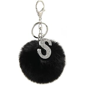 SUSULU 3in Black Faux Fur Pom Poms with Letter Shaped Pendant Keychain Metal Key Ring Rhinestone Alphabet Keychains Ball
