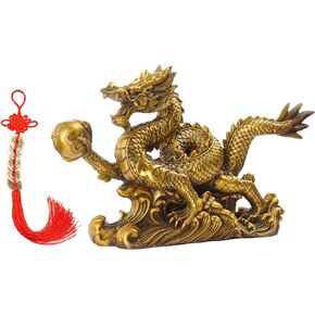 Dragon Statue Chinese Feng Shui Dragon Figurines Home Office Decor Ornaments Brass Dragon Sculpture for Wealth Luck Success with Chinese Coins Lucky Knot