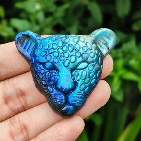 TEAMWILL Natural Labradorite Carving Leopard Cats Head Quartz Crystal Reiki Art Gift Sculpture Statue Figurine