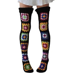 Crochet Socks for Women Y2k Granny Square Over Knee High Stockings Warm Chunky Knitted Long Leg Warmers Boot Socks