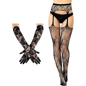 2 Pieces Suspender Pantyhose Long Floral Lace Gloves Stocking Fishnet Tights Garter Belt Stockings for Women, Black (Stylish Style,Medium)