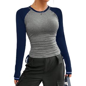Avanova Women Raglan Long Sleeve Ruched Side Tee Shirt Color Block Crewneck Casual Top