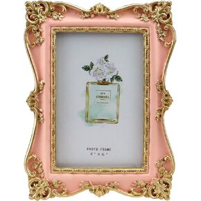 Vintage Picture Frame 4x6 Gold Trim Antique Photo Frame with Glass Front for Tabletop & Wall Mount, European Style (Pink)