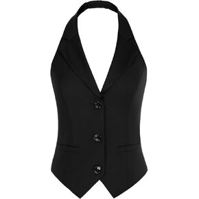 Belle Poque Women's Waistcoat Vest Vintage Halter Lapel Button Down Suit Vest with Pockets