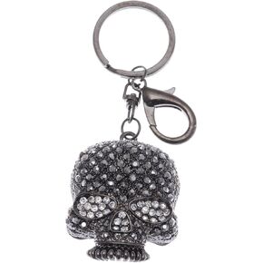 Alilang Skull Head Key Chain Gunmetal Tone Grey Rhinestones Gothic Creepy Black