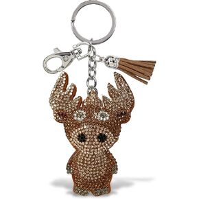 Moose Keychain - Brown Sparkling Rhinestones Charm with Tassel, Fashionable Stylish Polyester PU Wild Life Key Ring Bling Jewelry Accessory with Clasp For Key Chain, Bag, Purse and Backpack