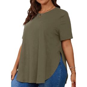 Hilinker Women's Plus Short Sleeve Tunic Tops Side Slit Tees Asymmetrical Hem T Shirts