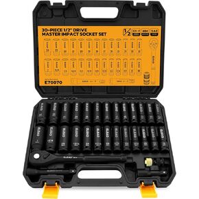ELEAD 1/2" Drive Deep Impact Socket Set: 30-Piece Standard SAE (3/8 to 1 Inch) and Metric (10-24mm) Size, 3" and 5" Drive Extension Bar, Ratchet Handle, Bit Adapter, CR-V Steel for Auto Repair