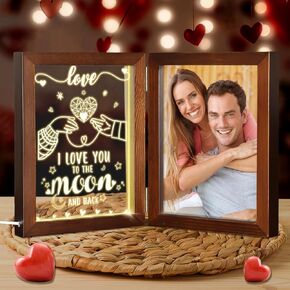 Valentines Gifts Love Picture Frame 5x7 for Couple Her Him Wood Photo Frame with Light I Love You to the Moon and Back Valentine's Day Engagement Wedding Anniversary Birthday Display Gift Wife Husband