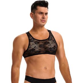 Men's Sissy Tank Top Undershirt Fishnet Crop Tops Nightwear Sheer Shirt Nightclub Party Vest Singlet Gym Sports Half Top