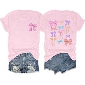 Womens Bow Shirt Pink Bow Ribbon T-Shirt Coquette Aesthetic Y2K Tee Tops