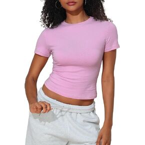 kayamiya Women's Basic Short Sleeve Cotton Shirts Slim Fit Crewneck Summer Trendy Y2k Baby Tee Crop Tops