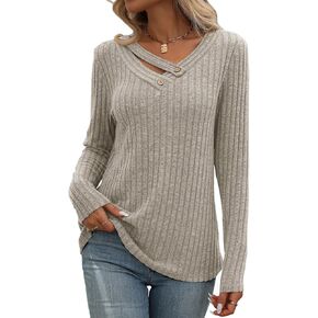 Misyula Style Long Sleeve Shirts for Women V Neck Fall Sweaters Dressy Casual Basic Tops 2024 Trendy Pullover S-2XL