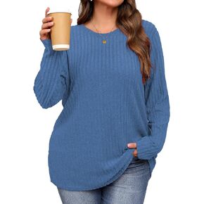 Plus Size Warm Long Sleeve Shirts Women Round Neck Casual Fall Winter Tunic Tops