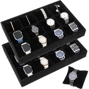 2 Pcs Velvet Watch Tray Jewelry Organizer, 12 Grid Stackable Velvet Watch Tray, Watch Display Velvet Tray Watch Bracelet Bangle Display Holder Adjustable Pillow
