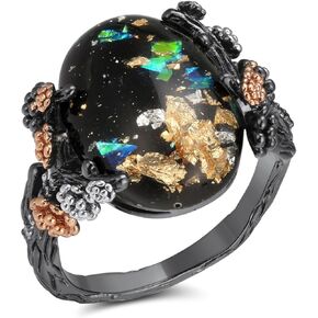 Ginger Lyne Collection Henrietta Simulated Fire Opal Ring for Women - Elven Gothic Black Plated for Engagement Promise or Statement -Tree Branch Flower Design Setting