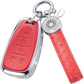 Compatible with Chevy Key Fob Cover with Keychain Genuine Leather Crystal Key Case Protector for Chevrolet Equinox Malibu Cruze Camaro Tahoe Silverado Traverse Blazer Sonic (White)