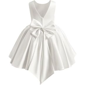 Satin Flower Girl Dress Knee Length Short First Communion Dresses for Girls Kids Bow-Knot Princess Birthday Gowns