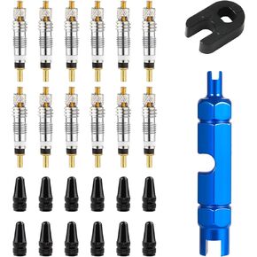 12pcs Valve Cores, Valve Core Replacement with 12 Valve Core Caps & 1 Disassembly Wrench & 1 Alloy Valve Core Dismantle Removal Tool Bicycle Valve Stems Adapter for Tubeless Road MTB Bike Tire