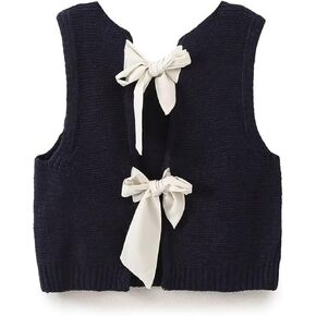 Women Cute Bow Sweater Vest Tie Back Knit Sleeveless Tank Tops Crew Neck Open Back Cardigan Fall Flowy Tops