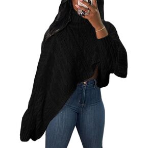 Tcremisa Women's Chic Turtleneck Poncho Sweater Cape Loose Casual Batwing Long Sleeve Cable Knit Pullover Tops